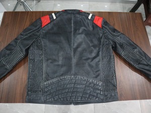Veste de moto en cuir véritable respirante pour homme, col montant, fermeture éclair, rayures rouges unies, style moto et motard, toutes saisons - Product Image 2