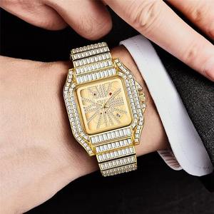 Montre de luxe style Hip Hop carrée en acier inoxydable doré, avec mouvement ETA, entièrement sertie de diamants baguette, style Bling Bling Rapper - Product Image 4