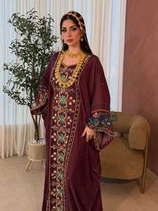 Elegant Maroon Embroidered Abaya Long Sleeve Floor Length Women's Wedding Dress Middle East Style Floral Pattern Polyester - Product Image 1