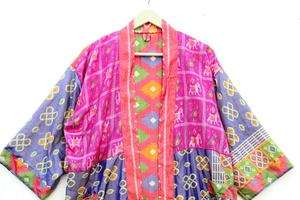 Kimono Sari de poliéster vintage con parches multicolores bata larga de luna de miel - Product Image 4