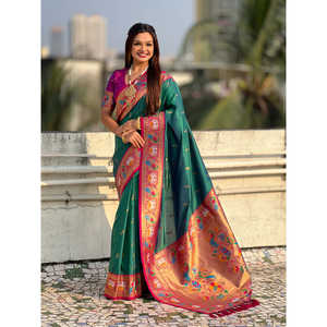 Green Soft Silk Swan Rajhans Paithani Saree 650g Elite Weaves <b>Indian</b> & <b>Pakistani</b> <b>Clothing</b> - Product Image 6