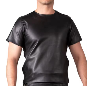 Camiseta de Manga Corta con Cuello en V de Cuero PU Negro para Hombre, con Panel de Malla, Estilo Gótico, Informal - Product Image 4