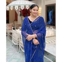 Sari de style indien et pakistanais, très beau, produit phare, motif dessiné à la main, bleu Neelam, en georgette, pour mariage