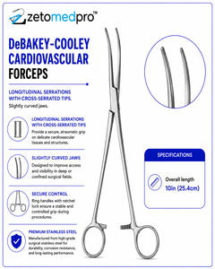 Pinzas Cardiovasculares DeBAKEY-COOLEY con Dientes Longitudinales Cruzados, Puntas Ligeramente Curvadas, 10 Pulgadas (25.4 cm) ZETOMEDPRO - Product Image 3