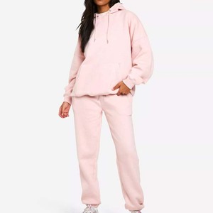 Women <b>Pink</b> Hooded Sweatshirt And Pants Set Solid Color Cotton Casual <b>Tracksuit</b> Loose Fit Full Length Autumn Wear - Product Image 3