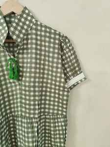 ชุดเดรสผ้าฝ้ายลายตารางสีเขียวสำหรับผู้หญิง แฮนด์เมด แขนสั้น คอปก ชุดมินิเดรสฤดูร้อน สไตล์โบโฮ เสื้อเชิ้ตทูนิคลำลอง - Product Image 4