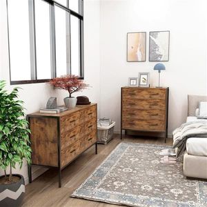 Comò Moderno Industriale Rustico in Legno Marrone a 6 Cassetti con Robusta Struttura in Acciaio per Organizzazione Vestiti - Product Image 2