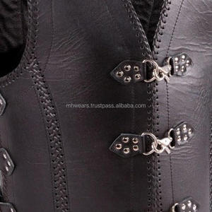 MH <b>Men's</b> Black Genuine Leather Waterproof Winter Gothic <b>Vest</b> with Embroidery <b>Red</b> Stitching Zipper Closure V-Neck Outerwear - Product Image 4