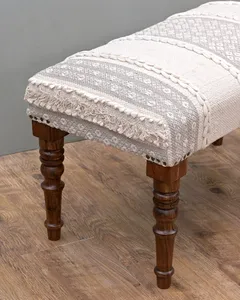 Handmade Wooden Bench with Handwoven Cotton Jute Seat Boho Farmhouse Upholstered Entryway Bench Ottoman for Home Decor - Product Image 4