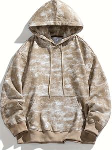 Mens Acid Wash Khaki <b>Brown</b> Heavyweight <b>Fleece</b> Pullover Hoodie Long Sleeve Kangaroo Pocket Sweatshirt OEM ODM Wholesale Apparel - Product Image 2