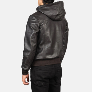 REAC READY INDUSTRY Men's Hooded Genuine Leather Bomber <b>Jacket</b> Breathable Aviator <b>Pilot</b> Moto Biker Style Zipper Closure Solid - Product Image 3