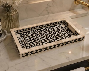 Handmade <b>Black</b> & White Bone Inlay Serving Tray Rectangular Decorative Wooden Ottoman Coffee <b>Table</b> <b>Vanity</b> Tray Luxury Home Decor - Product Image 1