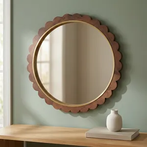 <b>Round</b> Scalloped Wooden Framed <b>Mirror</b> Mid Century Modern Wall Decor Home Use - Product Image 4
