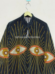 Chaqueta Bomber de Terciopelo con Patrón de Ojos Bordado, Cuello Mao, Cierre de Cremallera, Chaqueta Corta de Otoño para Mujer - Product Image 3