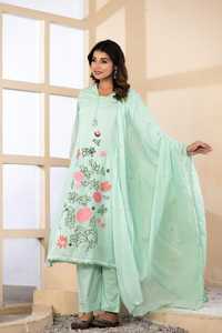 Ensemble Salwar pour femmes en coton vert menthe brodé, longueur genou, avec dupatta, coupe classique, style traditionnel, séchage rapide, printemps-été - Product Image 5
