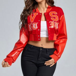 Women’s Varsity <b>Jacket</b> with Genuine Leather Sleeves Custom Wool Blend, <b>Patch</b> Embroidery, Breathable Short Fit - Product Image 3