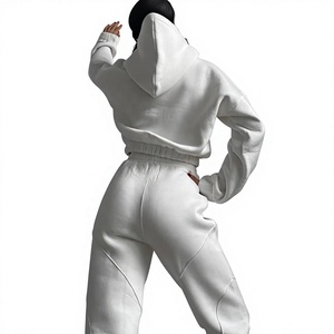 <b>Women's</b> White Winter 2-<b>Piece</b> Hooded Tracksuit Set Full Length Cotton Casual Sweatpants Regular Fit Solid Color Sportswear - Product Image 3