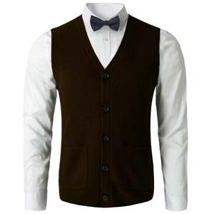 <b>Men's</b> Brown <b>Knitted</b> V-Neck <b>Waistcoat</b> With Button Closure Formal Vest For Suits Autumn Wear - Product Image 1