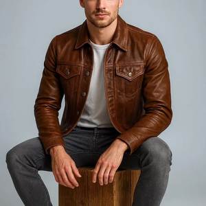 Chaqueta de Moto para Hombre, de Cuero PU Ecológico, de Secado Rápido y Transpirable, con Cuello Camisero, Cierre de Cremallera, Color Marrón, Corte Regular, Bordado - Product Image 3