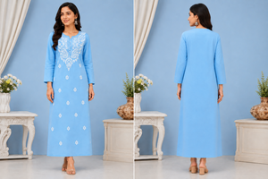 Sky <b>Blue</b> Hand Embroidered Lucknowi Chikankari Straight Kurti - Elegant Cotton Ethnic <b>Tunic</b> Top for Women - Product Image 3