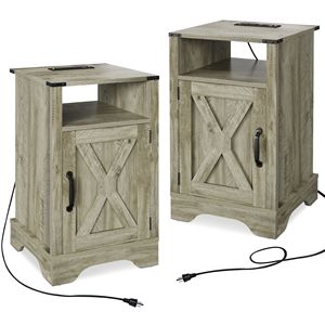 Farmhouse-Style <b>Rustic</b> Wooden Nightstand Tall <b>Bedside</b> <b>Table</b> with Electrical Outlets and Charging Station 2 Sets Available - Product Image 3
