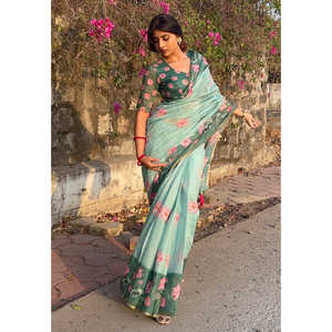 Sari de Algodón Chanderi Verde Mar de Monika de Elite Weaves, con Estampado Pichwai y Borde Tejido con Zari, Elegante Vestido de Noche, 500g - Product Image 5