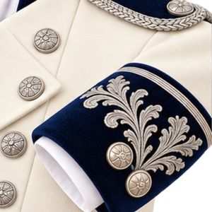 Costume de smoking victorien blanc cassé pour homme avec garniture bleu marine, boutons argentés et broderies – Veste et pantalon de cérémonie pour marié - Product Image 5