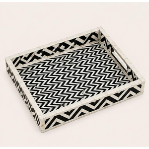 Plateau en nacre géométrique avec incrustation d'os, motif chevron noir et blanc, plateau décoratif en nacre pour table basse - Product Image 1
