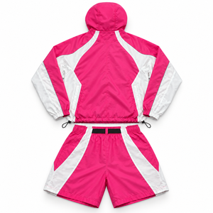 Conjunto de Chaqueta Cortavientos con Capucha Rosa y Pantalones Cortos para Mujer, Ropa Deportiva Ligera de Dos Piezas, Logotipo Personalizado, Ropa Urbana - Product Image 5