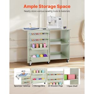Mesa de Costura Plegable Multiusos Compacta con Ruedas, Soportes de Madera, Bandejas de Almacenamiento y Estante - para Hogar, Oficina o Sala de Costura - Product Image 2