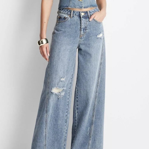 Jean baggy taille mi-haute pour femme, coupe ample, jambe large, en denim, boutonné, effet vieilli, style streetwear vintage, vente en gros personnalisée - Product Image 2