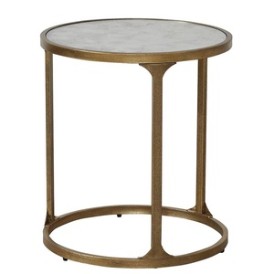 Vintage Antique Gold Textured Metal Side <b>Table</b> | Round Antiqued <b>Mirror</b>/marble Top Accent Stand - Product Image 1