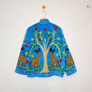 Boho Turquoise <b>Velvet</b> Suzani <b>Jacket</b> <b>Women</b> Deer Embroidery Floral Tree Life Ethnic Folk Art Handmade Cotton ODM Wholesale - Product Image 4