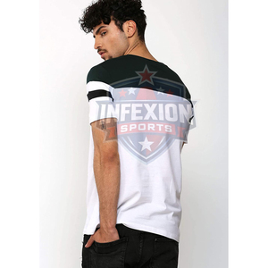 เสื้อยืดคอกลมแขนสั้นลายทางตัดสีสำหรับผู้ชาย - Product Image 3