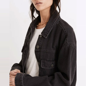 Women's Black Denim Jacket Oversized Loose Fit Stonewashed Casual Style <b>Button</b> Front Solid Color Autumn Wear - Product Image 2