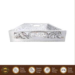 ถาดเสิร์ฟอาหารทรงสี่เหลี่ยมผืนผ้า ทำจากไม้ MDF และไม้มะม่วง งานแฮนด์เมด สีขาวโบราณแบบเผา คุณภาพมาตรฐาน ขายดี ชุด 2 ชิ้น - Product Image 2