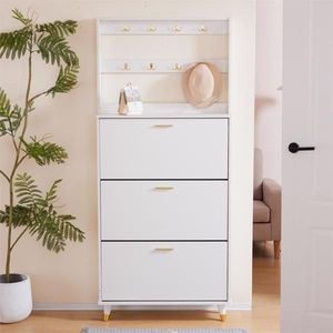 White Entryway Bedroom Armoire with Hanging Rod Shoe Cabinet and Wardrobe Closet Drawers and Shelves Handles - Product Image 1