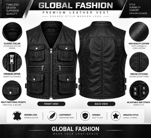 <b>Men's</b> <b>Black</b> PU Leather Moto <b>Vest</b> V-Neck Zipper Closure Plus Size Regular Fit Solid Color Outerwear - Product Image 5