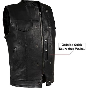 Custom <b>Men's</b> Genuine Cowhide <b>Leather</b> Motorcycle Club <b>Vest</b> Collarless Biker <b>Vest</b> with Concealed Zipper Premium <b>Leather</b> - Product Image 4