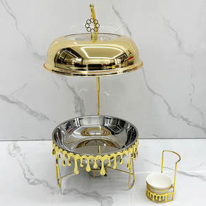 ถาดอุ่นอาหารบุฟเฟ่ต์ทรงกลมหรูหรา สแตนเลสสีทอง พร้อมขาตั้งทรงเสาประดับตกแต่งอย่างสวยงาม ฝาแก้ว เหมาะสำหรับงานแต่งงานและจัดเลี้ยง - Product Image 4