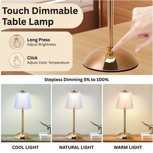 Rechargeable LED Table <b>Lamp</b> 2000mAh Battery Step less Dimming 3 Colour <b>Touch</b> Control USB-C Metal Glass Bedside <b>Lamp</b> for Home Bed - Product Image 6
