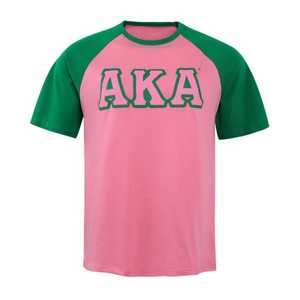 Camiseta Raglán Premium Rosa y Verde AKA para Mujer, Diseño con Estampado de Letras Griegas, Manga en Contraste, Cuello Redondo, Alta Calidad, Informal - Product Image 1
