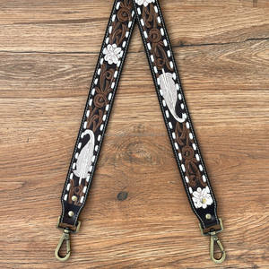 Plume Whipstitch usinée à la main 1.5 "bandoulière en cuir véritable Western Floral remplacement sac sangle avec boutons-pression en laiton antique - Product Image 3