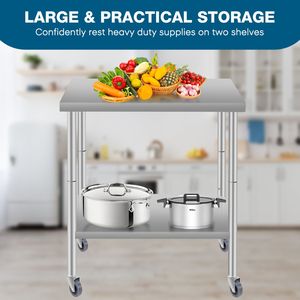 Tavolo da Preparazione Commerciale 60x24 in Acciaio Inossidabile con Ripiano Inferiore e Ruote per Ristoranti e Uso Domestico - Isole e Carrelli da Cucina - Product Image 2