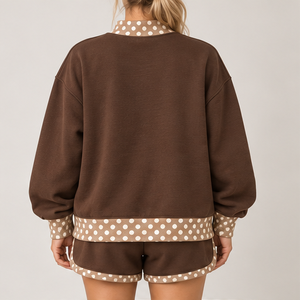 Women's Chocolate Brown Contrast Polka Trim Mock Neck 2-Piece <b>Shorts</b> <b>Set</b> Custom Casual Sportswear - Product Image 2