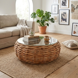 Mesa de Centro Redonda Thomas de Estilo Moderno y Minimalista, con Superficie de Vidrio y Ratán Tejido Natural, para Sala de Estar o Patio - Product Image 5