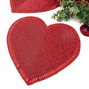 Handmade Red Heart Shaped Beaded Fabric Placemat Romantic <b>Table</b> Mat Set - Product Image 1