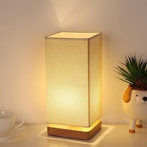 Lampe de table LED carrée moderne, abat-jour en tissu, base en bois, lampe de chevet, lumière blanche chaude, décoration d'intérieur - Product Image 1