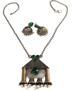 Parure Collier et Boucles d'Oreilles en Argent Vieilli Oxydé avec Pierre Onyx, Style Bohème, pour Mariage, Fiançailles, Cadeau pour Femme - Product Image 1