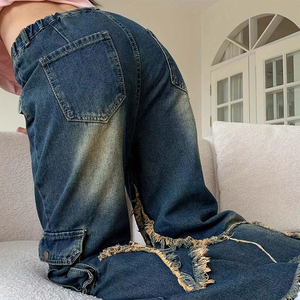 Jeans à jambes larges pour femmes de haute qualité OEM ODM, taille haute, coupe ample, pantalon en denim décontracté, streetwear tendance - Product Image 6